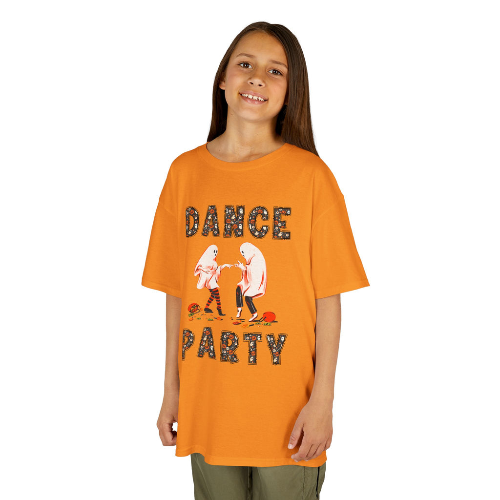 Young girl wearing a youth Gildan 5000B heavy cotton t-shirt in tennessee orange with a Halloween Dance Party theme