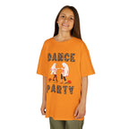 Young girl wearing a youth Gildan 5000B heavy cotton t-shirt in tennessee orange with a Halloween Dance Party theme