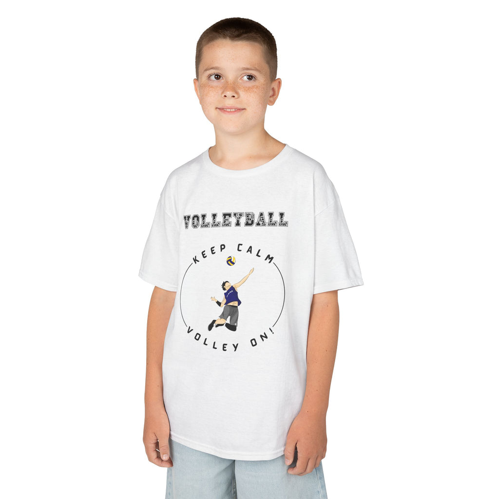 Young boy wearing a youth Gildan 5000B heavy cotton t-shirt in white showing a boy playing Volleyball