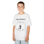 Young boy wearing a youth Gildan 5000B heavy cotton t-shirt in white showing a boy playing Volleyball