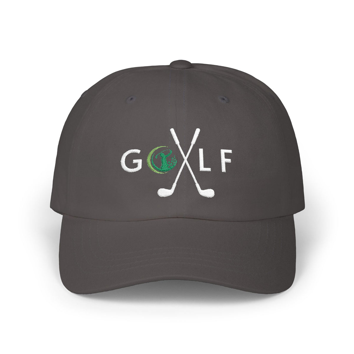 Dark grey cap embroidered with a GOLF text and golf club design.