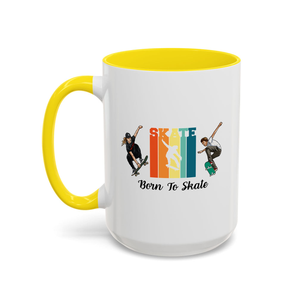15oz white ceramic Born to Skate Skateboarding mug with yellow handle and interior Left handed view