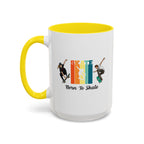 15oz white ceramic Born to Skate Skateboarding mug with yellow handle and interior Left handed view