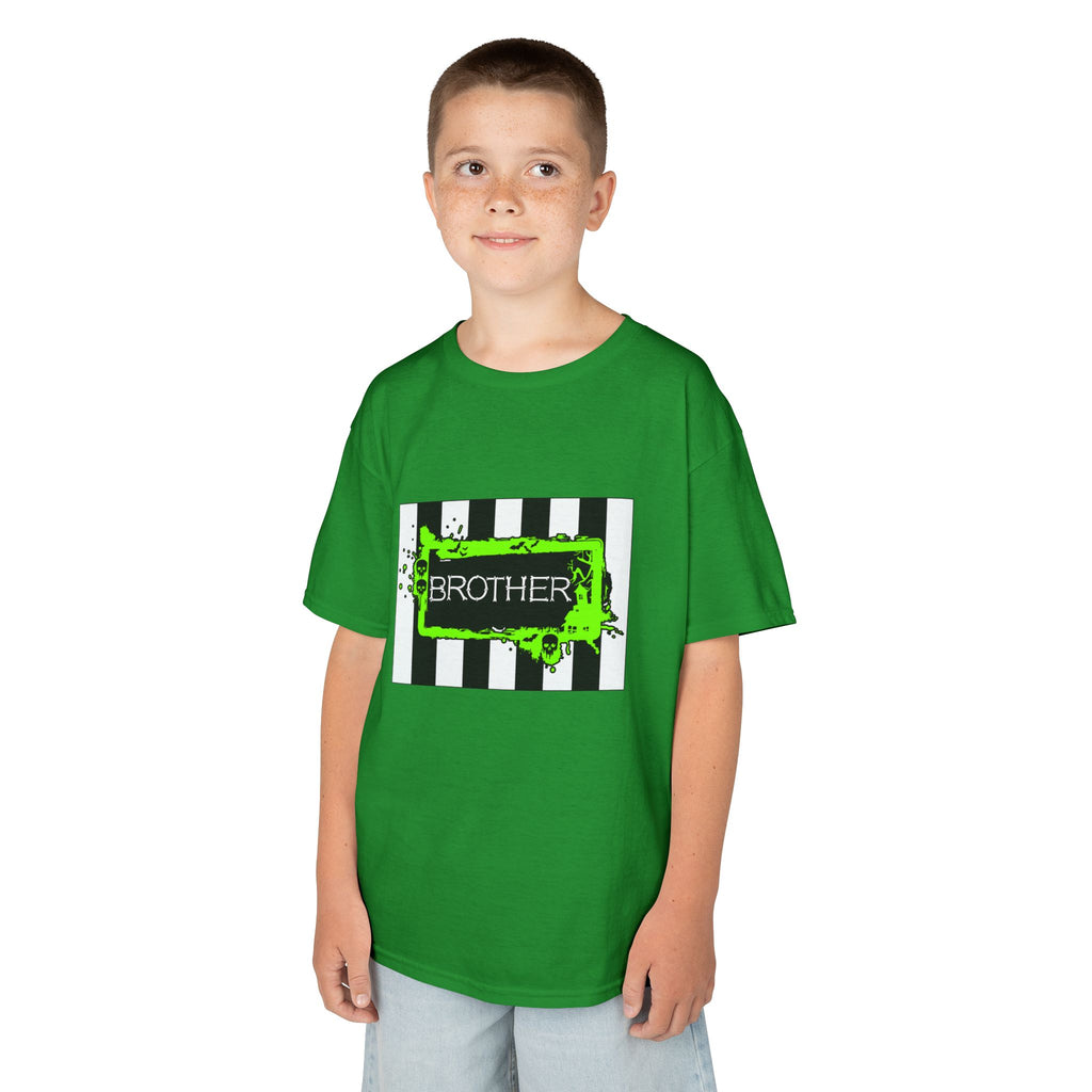 Young boy wearing a Beetlejuice inspired Halloween Brother t-shirt in bright green.