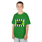 Young boy wearing a Beetlejuice inspired Halloween Brother t-shirt in bright green.