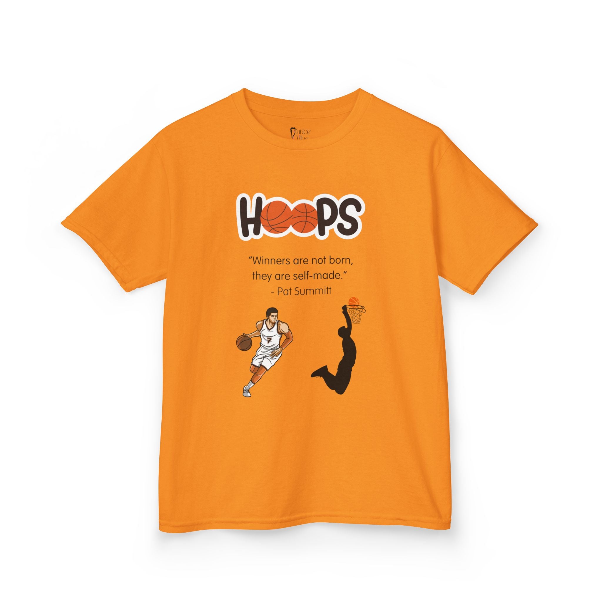Front view of a youth Gildan 5000B heavy cotton t-shirt in tennessee orange with a Boys Basketball theme