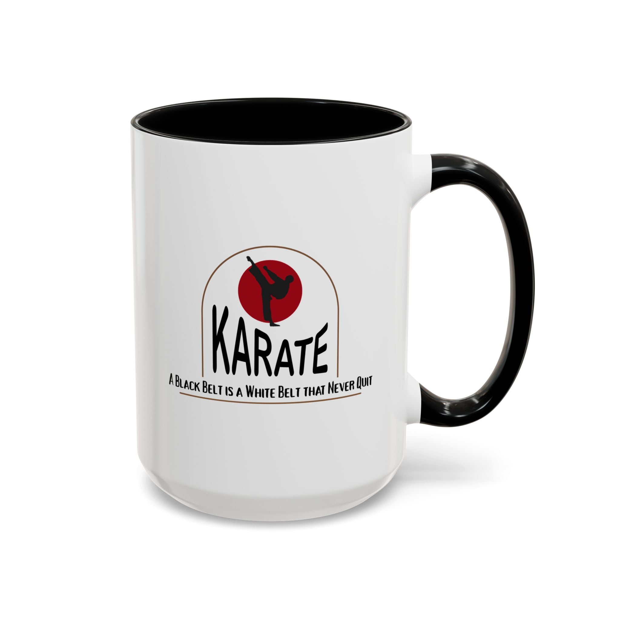 15oz white ceramic Karate mug with black handle and interior Right handed view