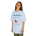 Young girl wearing a youth Gildan 5000B heavy cotton t-shirt in light blue featuring a girl playing Volleyball