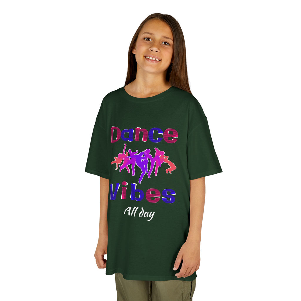 Young girl wearing a youth Gildan 5000B heavy cotton t-shirt in forest green with a Dance Vibes All Day text and graphic