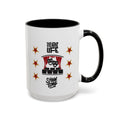 15oz white ceramic Theatre Showtime mug with black handle and interior Right handed view