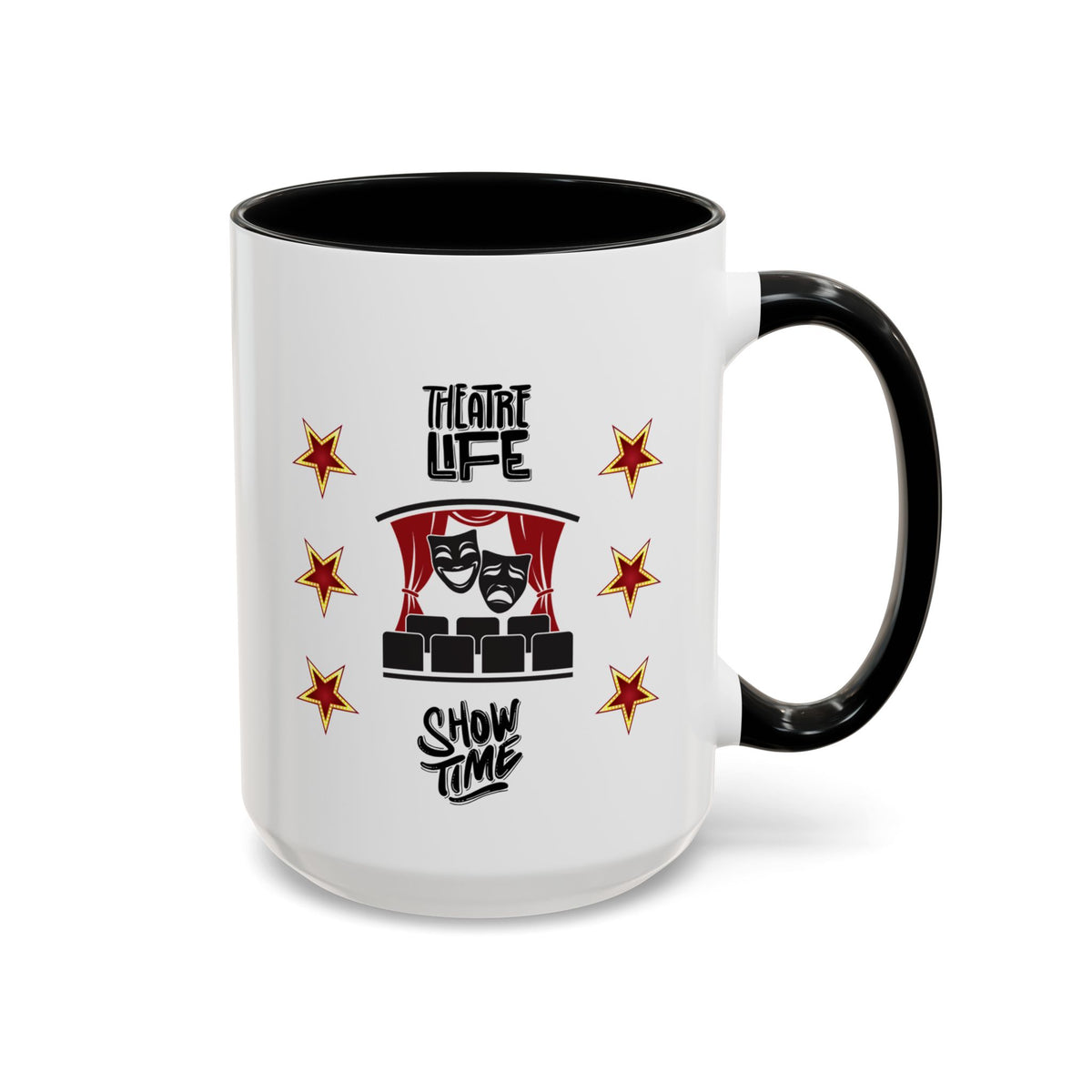 15oz white ceramic Theatre Showtime mug with black handle and interior Right handed view