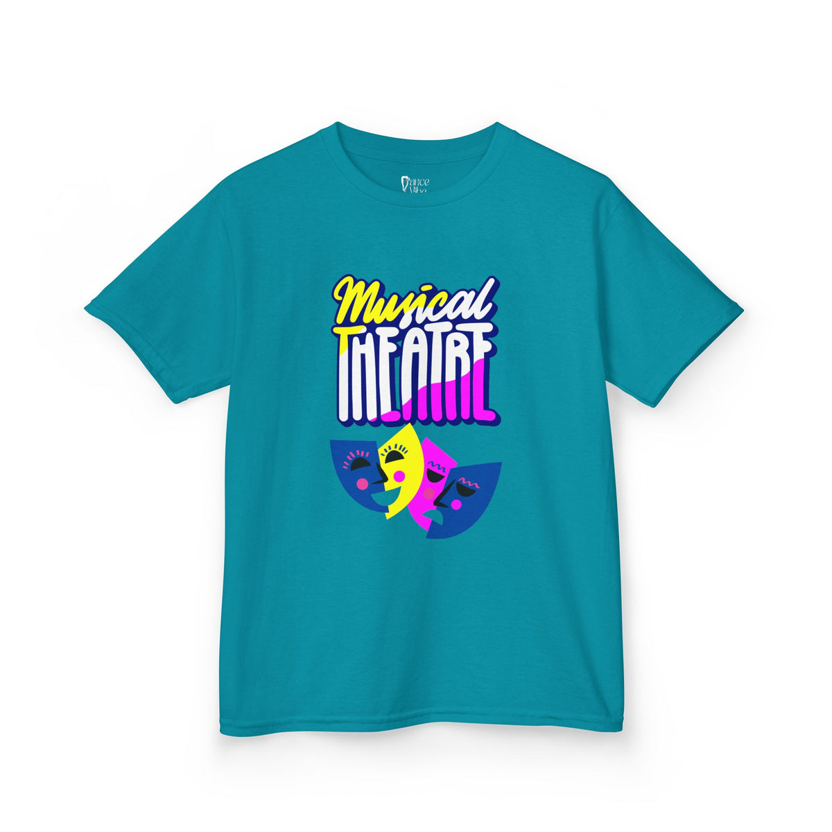 Front view of a youth Gildan 5000B heavy cotton t-shirt in tropical blue with a Musical Theater rainbow mask graphic