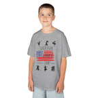 Young boy wearing a youth Gildan 5000B heavy cotton t-shirt in sport grey with a National Dance Day theme
