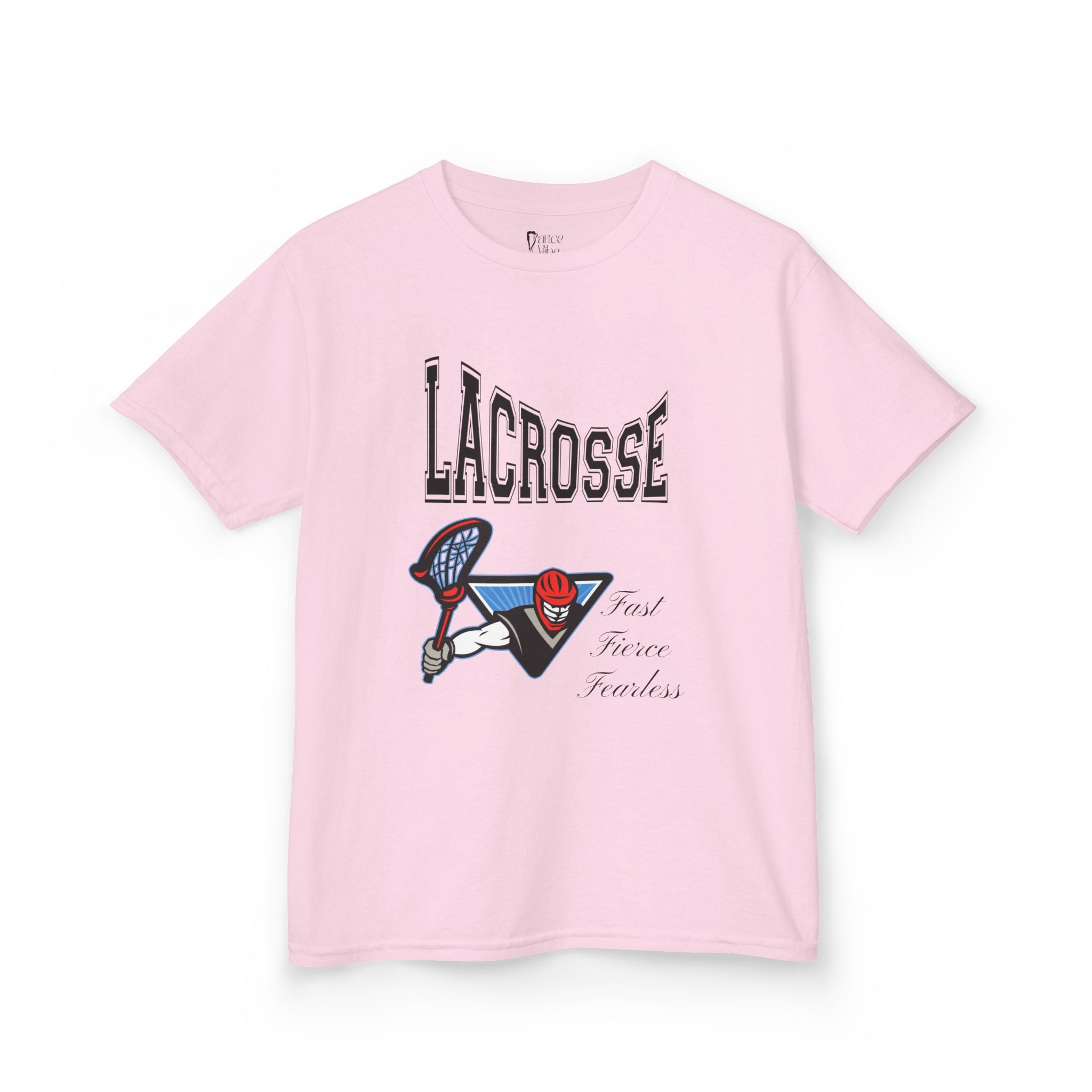 Front view of a youth Gildan 5000B heavy cotton t-shirt in light pink with a Boys Lacrosse design
