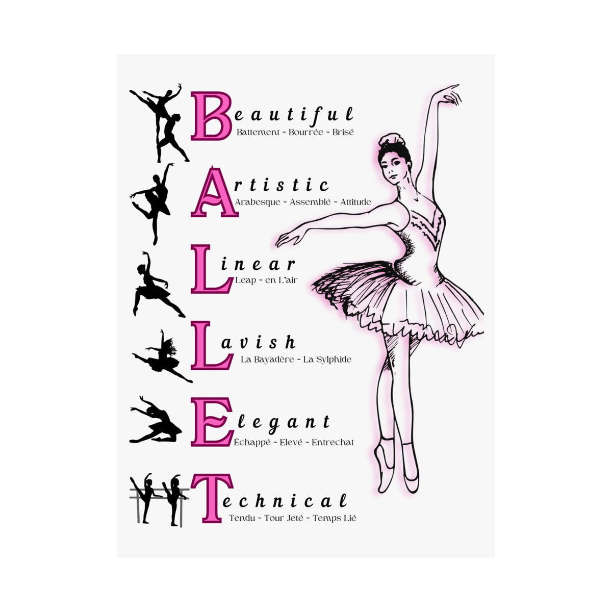 Ballet poster wall art with a ballerina Illustration and ballet-related words in pink and black on a white background Size 18x24