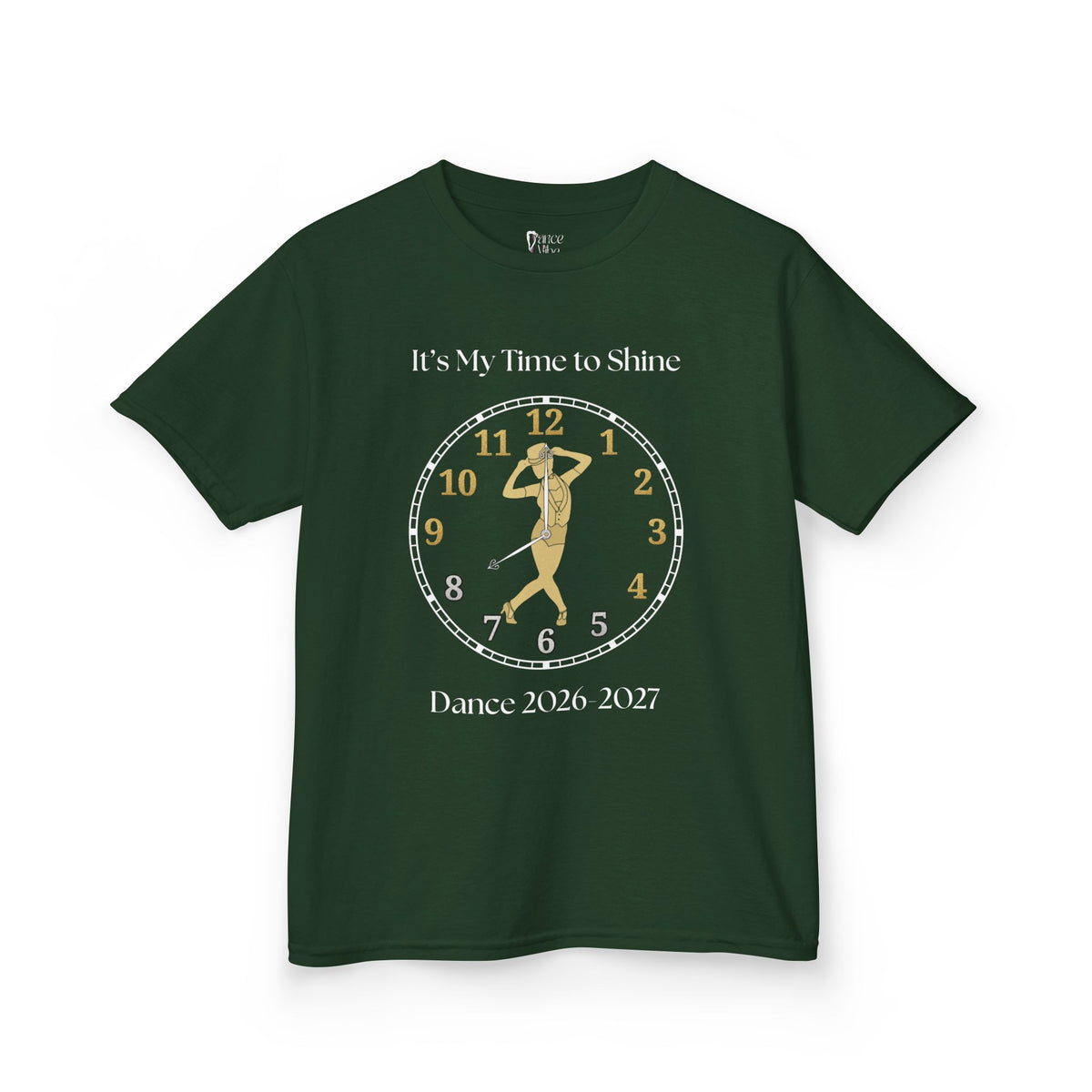Front view of a youth Gildan 5000B heavy cotton t-shirt in forest with a Female Broadway Dancer 2026-2027 design