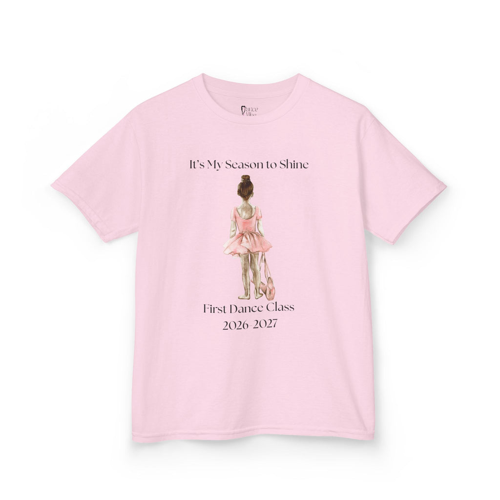 Front view of a youth Gildan 5000B heavy cotton t-shirt in light pink with a First Dance Class theme
