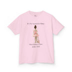 Front view of a youth Gildan 5000B heavy cotton t-shirt in light pink with a First Dance Class theme