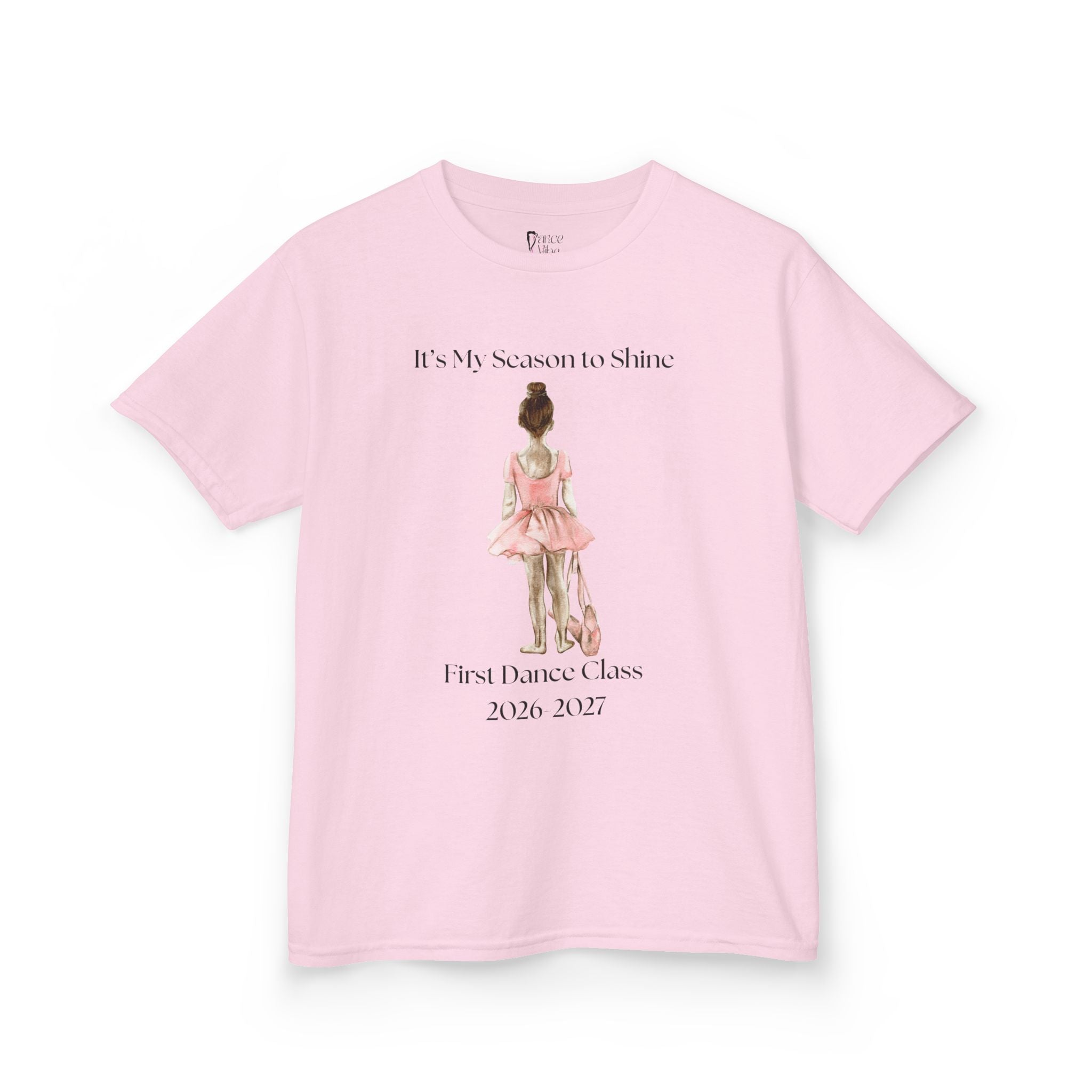 Front view of a youth Gildan 5000B heavy cotton t-shirt in light pink with a First Dance Class theme