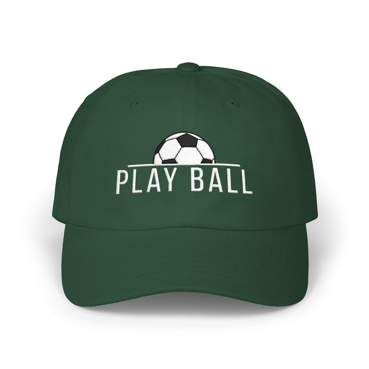 A spruce baseball cap featuring a white embroidered soccer ball graphic and the text PLAY BALL on the front.