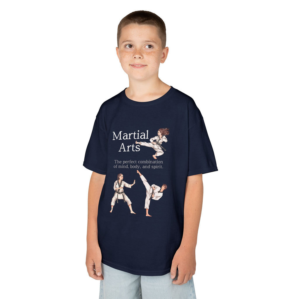 Young boy wearing a youth Gildan 5000B heavy cotton t-shirt in navy with a Martial Arts text and graphic