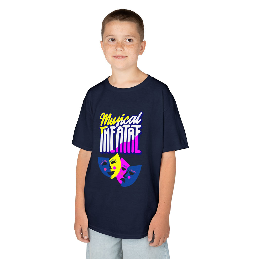 Young boy wearing a youth Gildan 5000B heavy cotton t-shirt in navy with a Musical Theater rainbow mask graphic