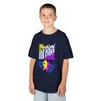Young boy wearing a youth Gildan 5000B heavy cotton t-shirt in navy with a Musical Theater rainbow mask graphic