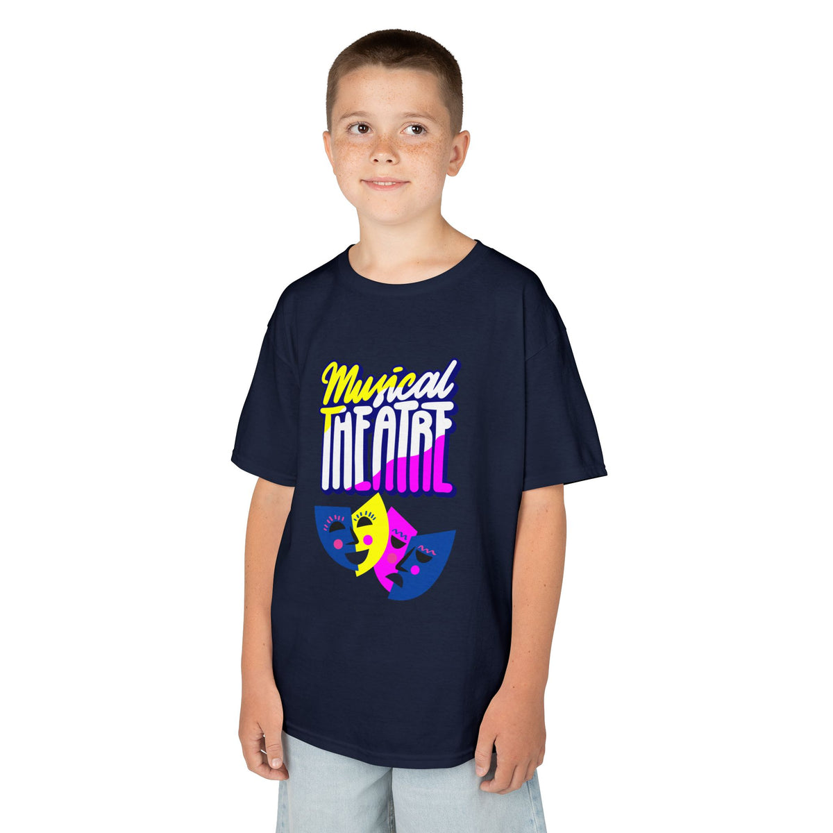 Young boy wearing a youth Gildan 5000B heavy cotton t-shirt in navy with a Musical Theater rainbow mask graphic