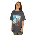 Young girl wearing a youth Gildan 5000B heavy cotton t-shirt in charcoal with an A New Season to Shine Dance 2026-2027 theme