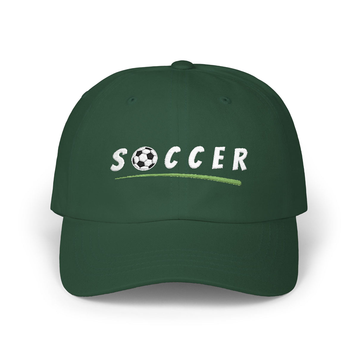 Spruce cap with an embroidered Soccer text and soccer ball.