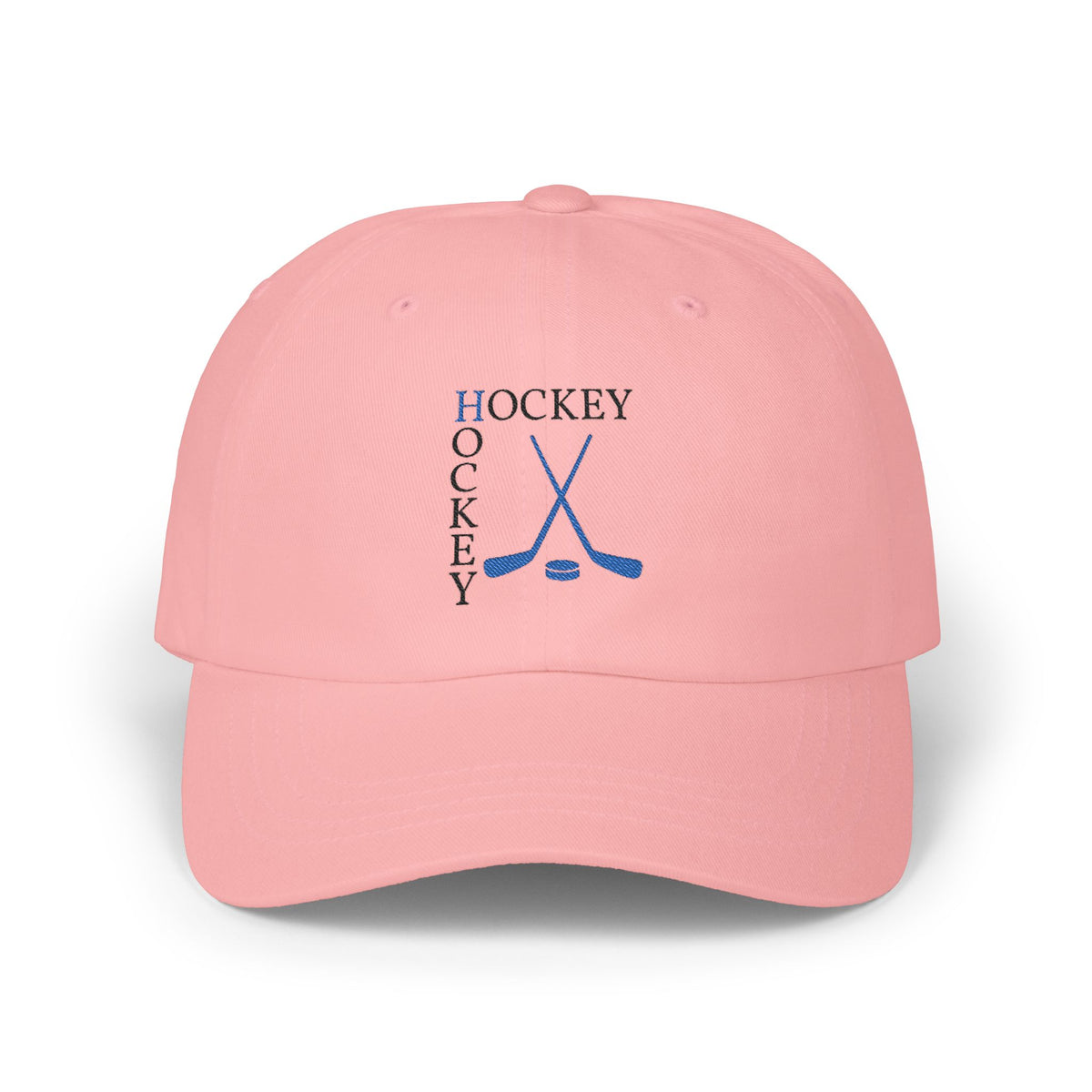 Pink embroidered classic dad cap hat with a Hockey text and graphic Front view