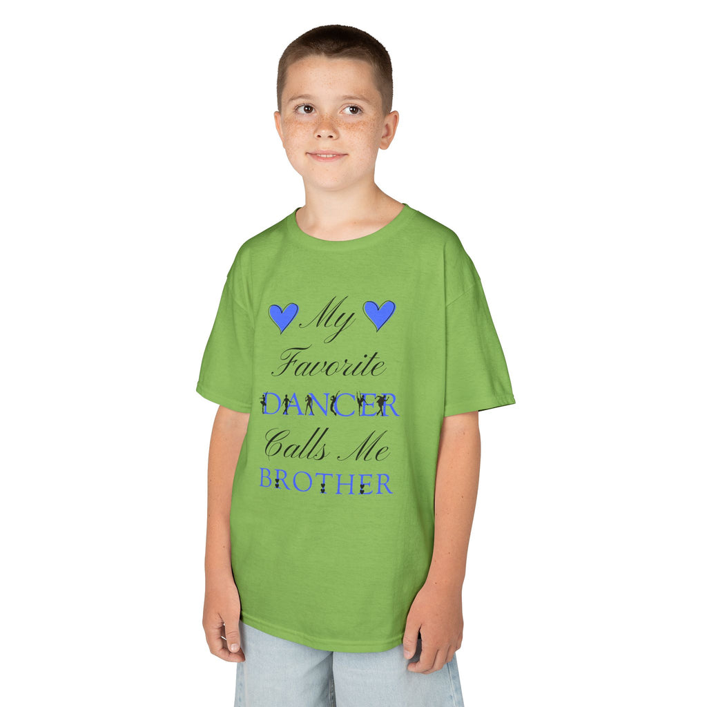 A young boy wearing a lime t-shirt with a graphic that reads My Favorite Dancer Calls Me Brother.