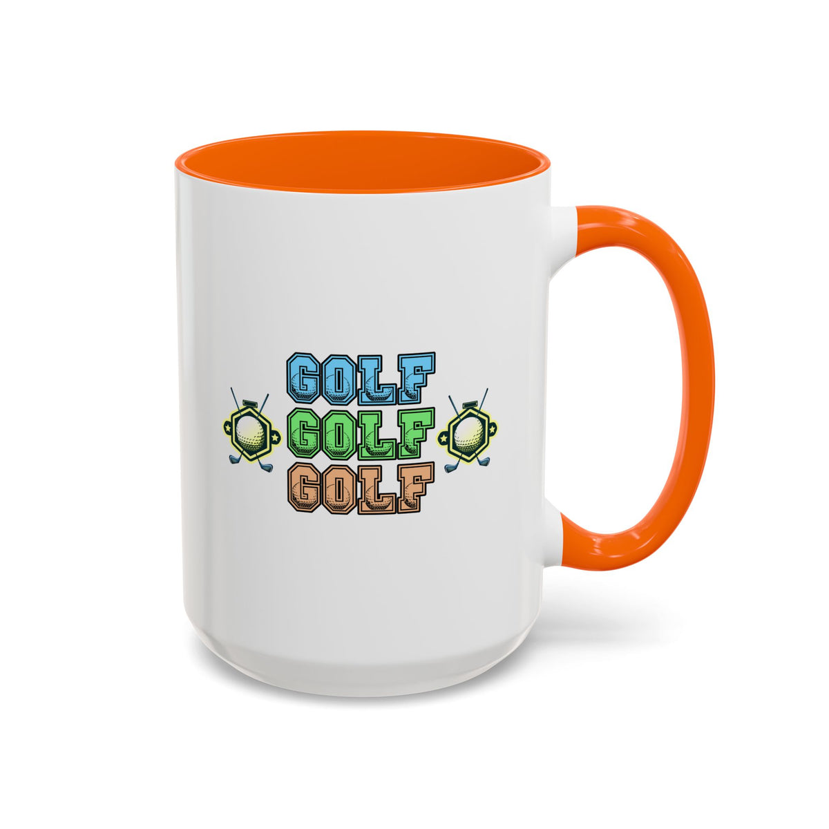 15oz white ceramic Golf mug with orange handle and interior Right handed view