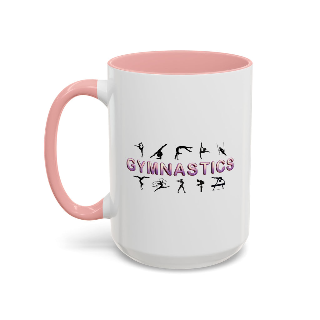 15oz white ceramic Gymnastics mug with pink handle and interior Left handed view