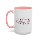 15oz white ceramic Gymnastics mug with pink handle and interior Left handed view