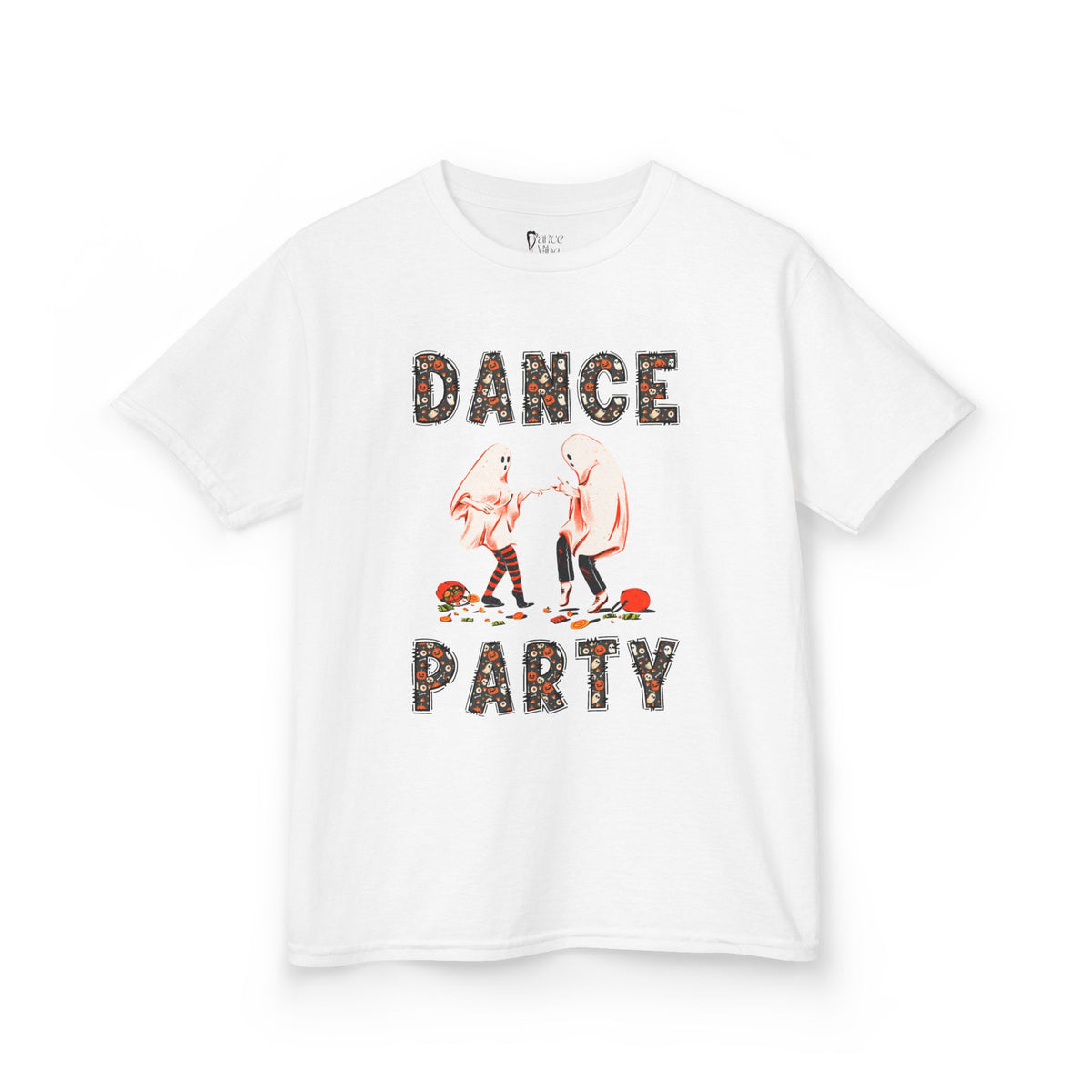 Front view of a youth Gildan 5000B heavy cotton t-shirt in white with a Halloween Dance Party theme
