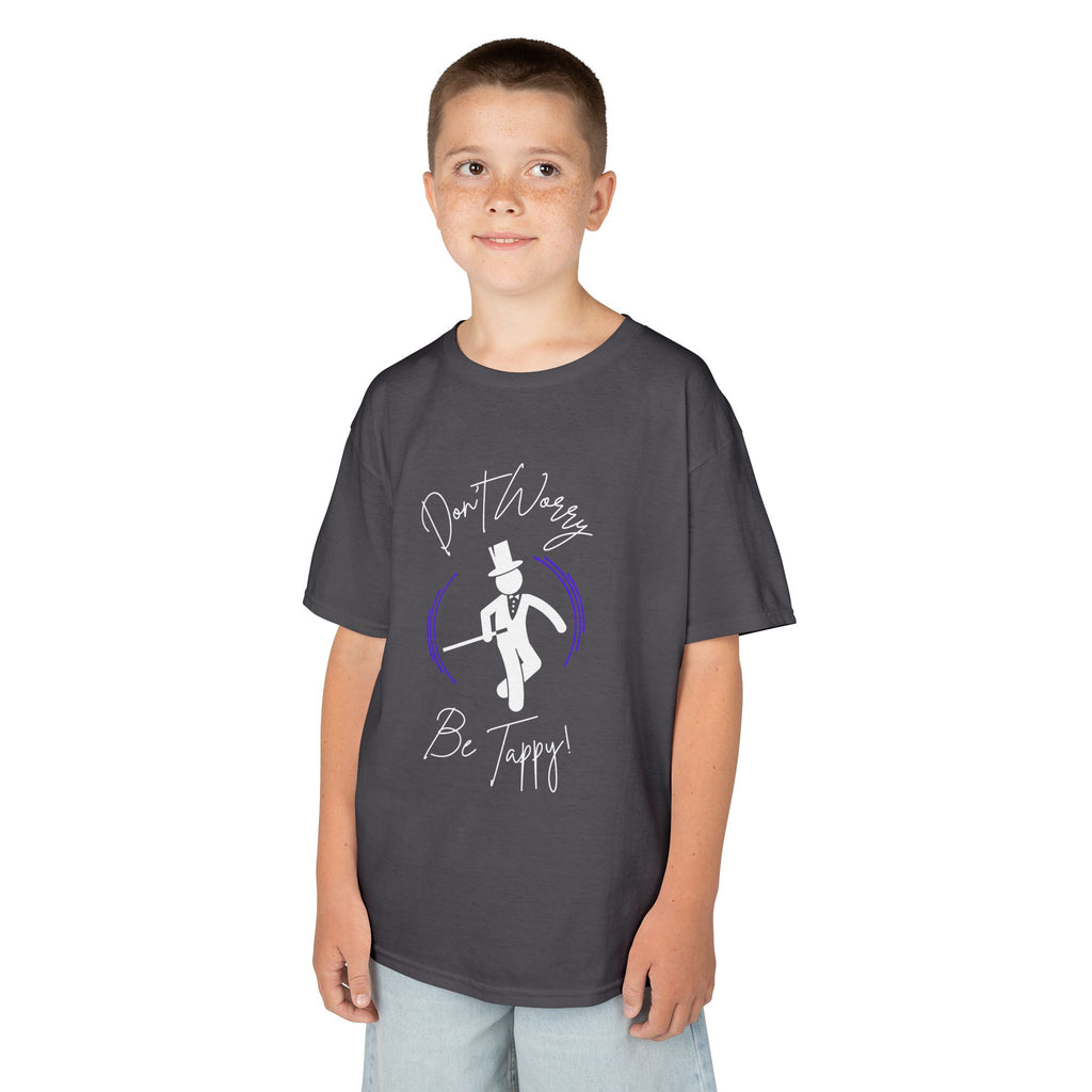 Front view of a youth Gildan 5000B heavy cotton t-shirt in charcoal with a Don't Worry Be Tappy Tap theme