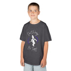 Front view of a youth Gildan 5000B heavy cotton t-shirt in charcoal with a Don't Worry Be Tappy Tap theme