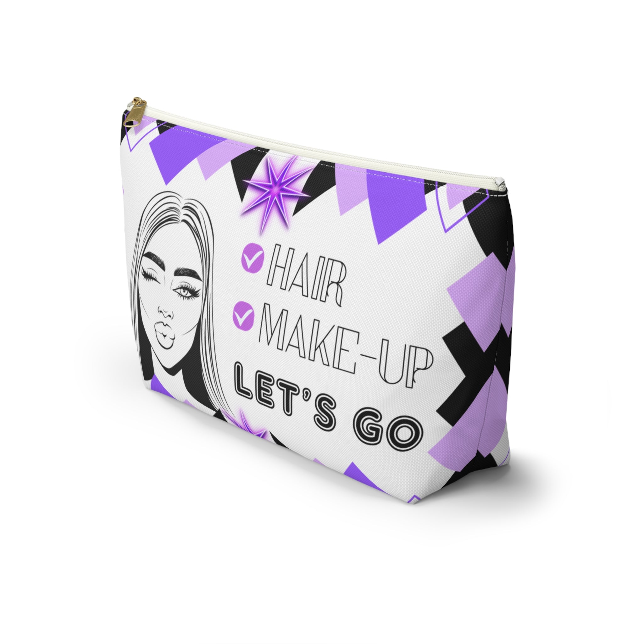 Hair Make up Let's go themed travel pouch with geometric design and face illustration on a white background with white zipper side view
