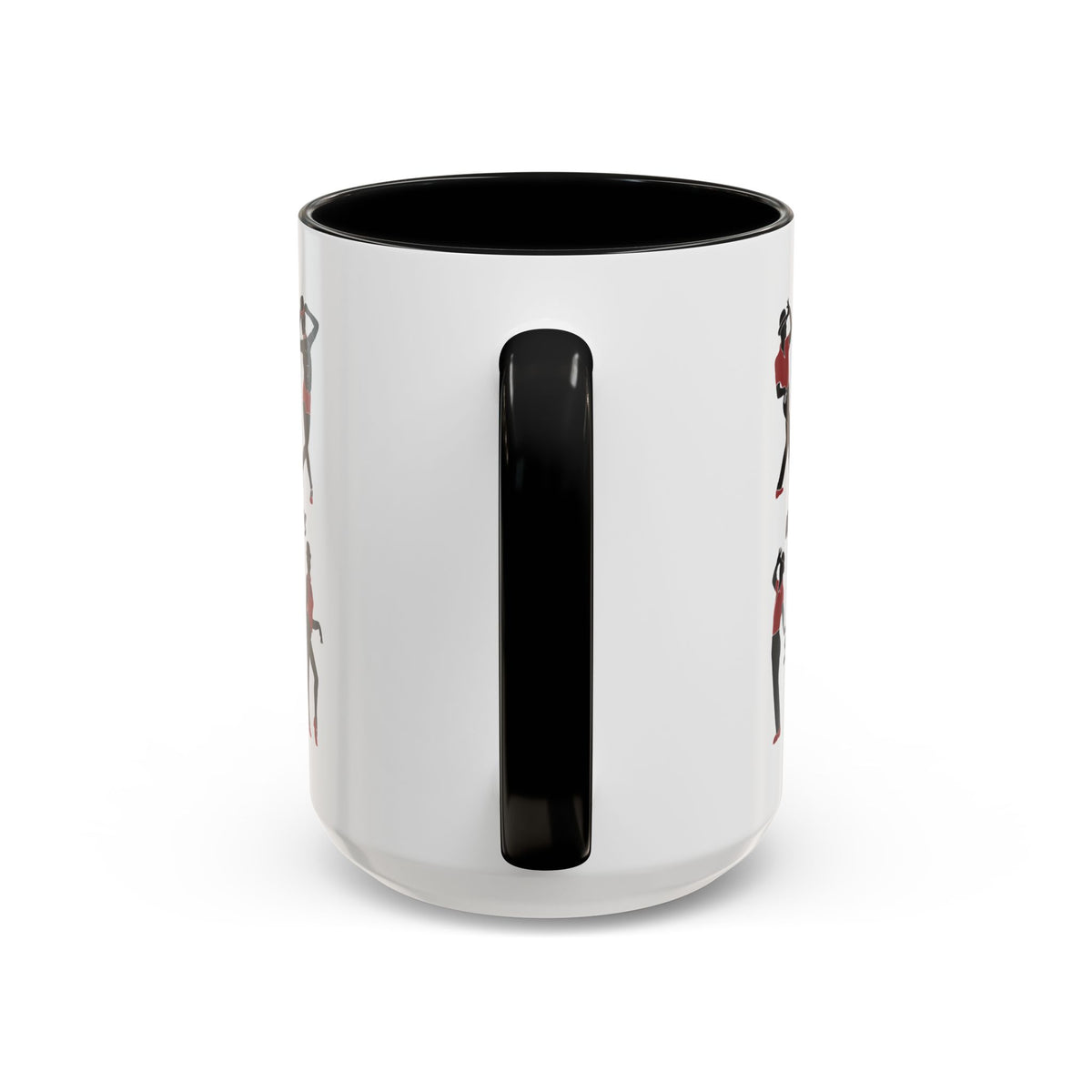 15oz white ceramic All The World's a Stage mug with black handle and interior Handle view