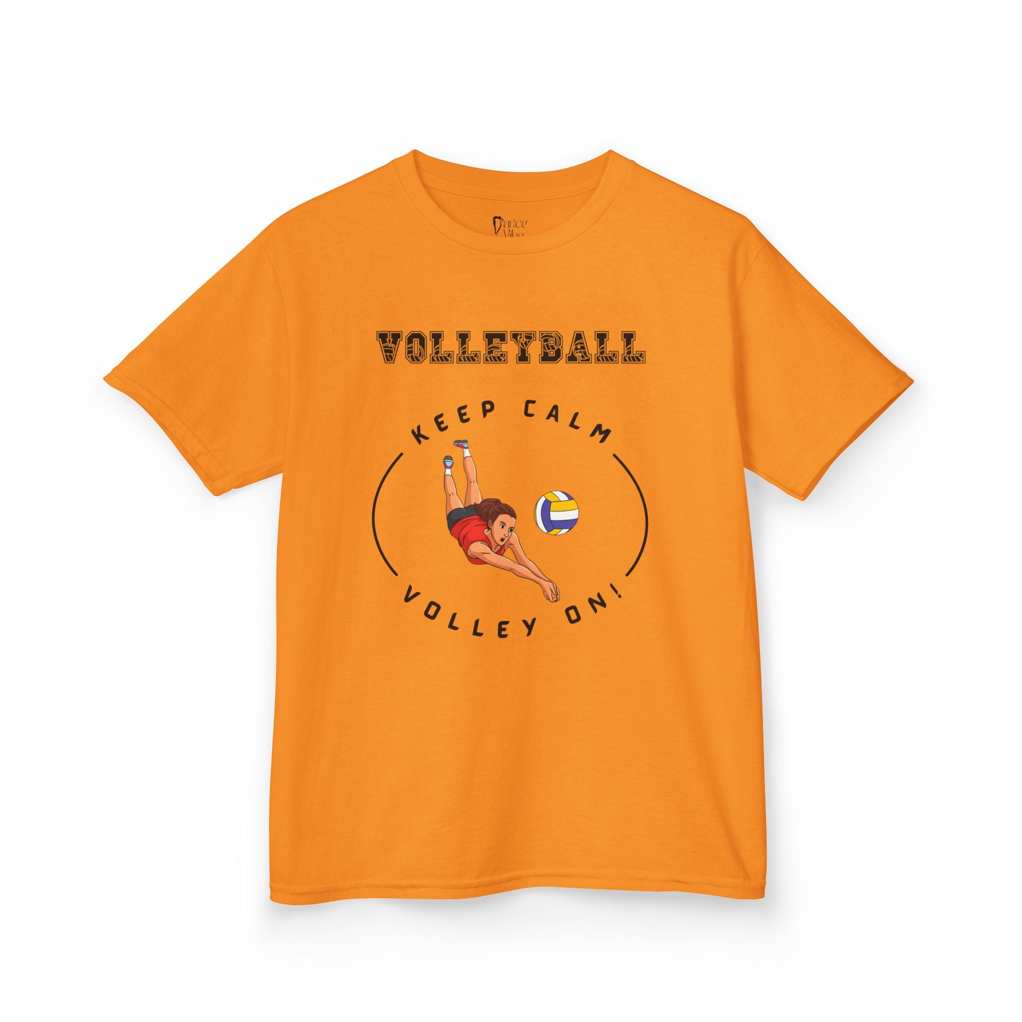 Front view of a youth Gildan 5000B heavy cotton t-shirt in tennessee orange showing a girl playing Volleyball