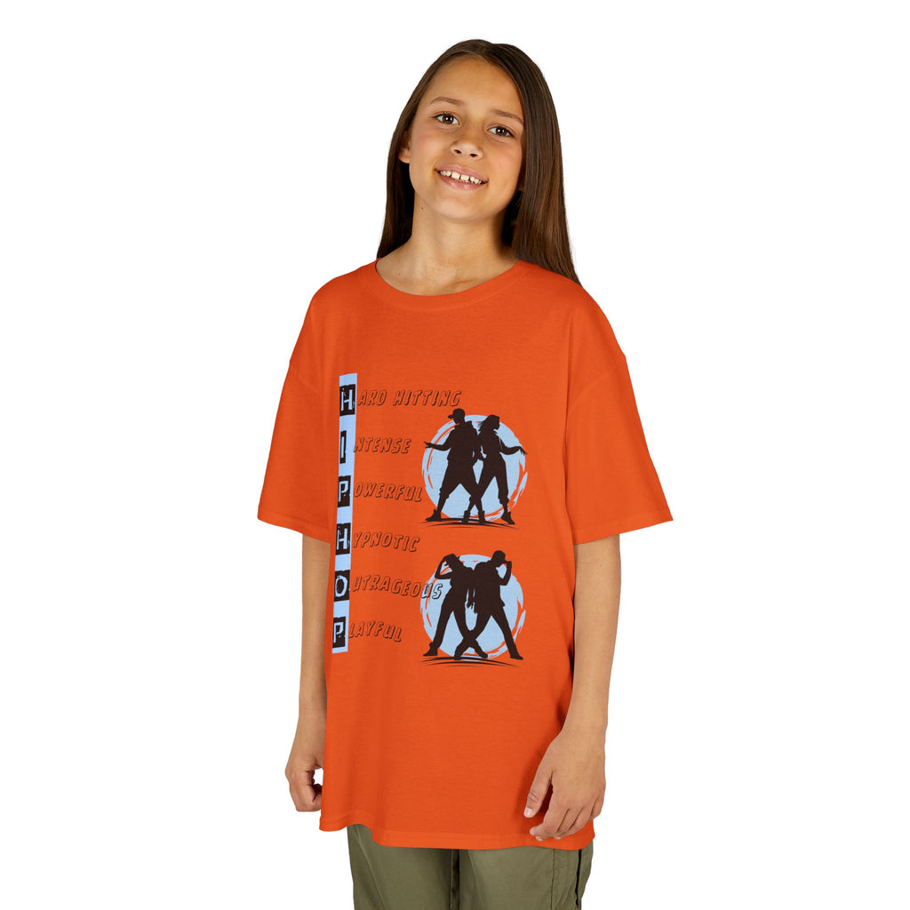 Young girl wearing a youth Gildan 5000B heavy cotton t-shirt in orange with dancing Hip Hop Couples