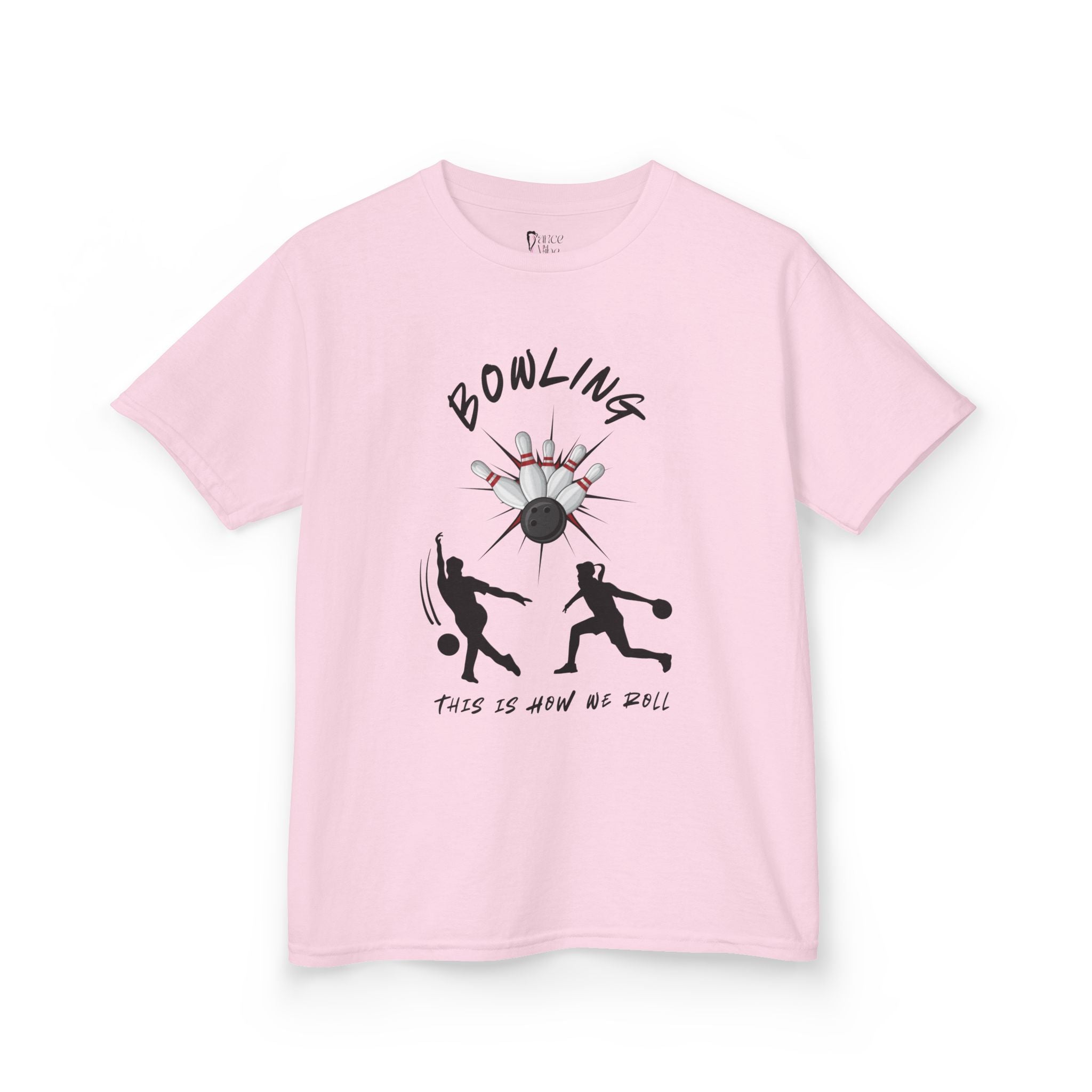 Front view of youth Gildan 5000B heavy cotton t-shirt in light pink with a Bowling text and graphic