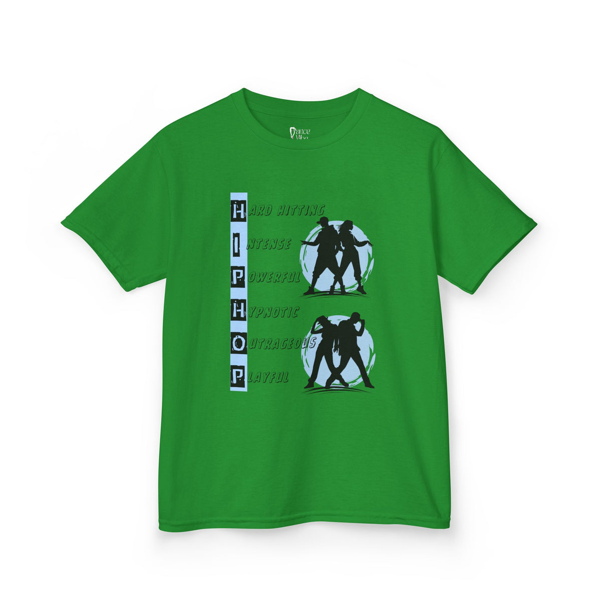 Front view of a youth Gildan 5000B heavy cotton t-shirt in irish green with dancing Hip Hop Couples