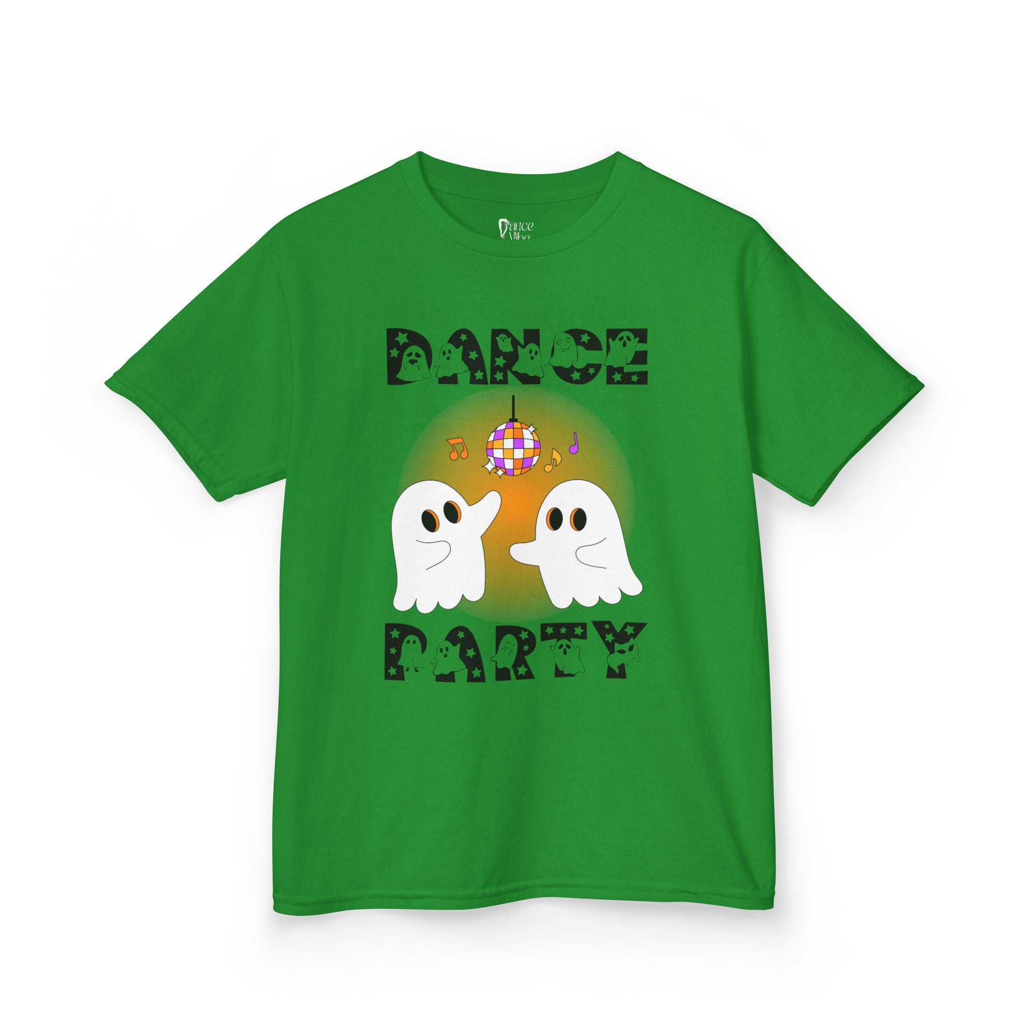 Front view of a youth Gildan 5000B heavy cotton t-shirt in irish green with a Halloween Dance Party theme