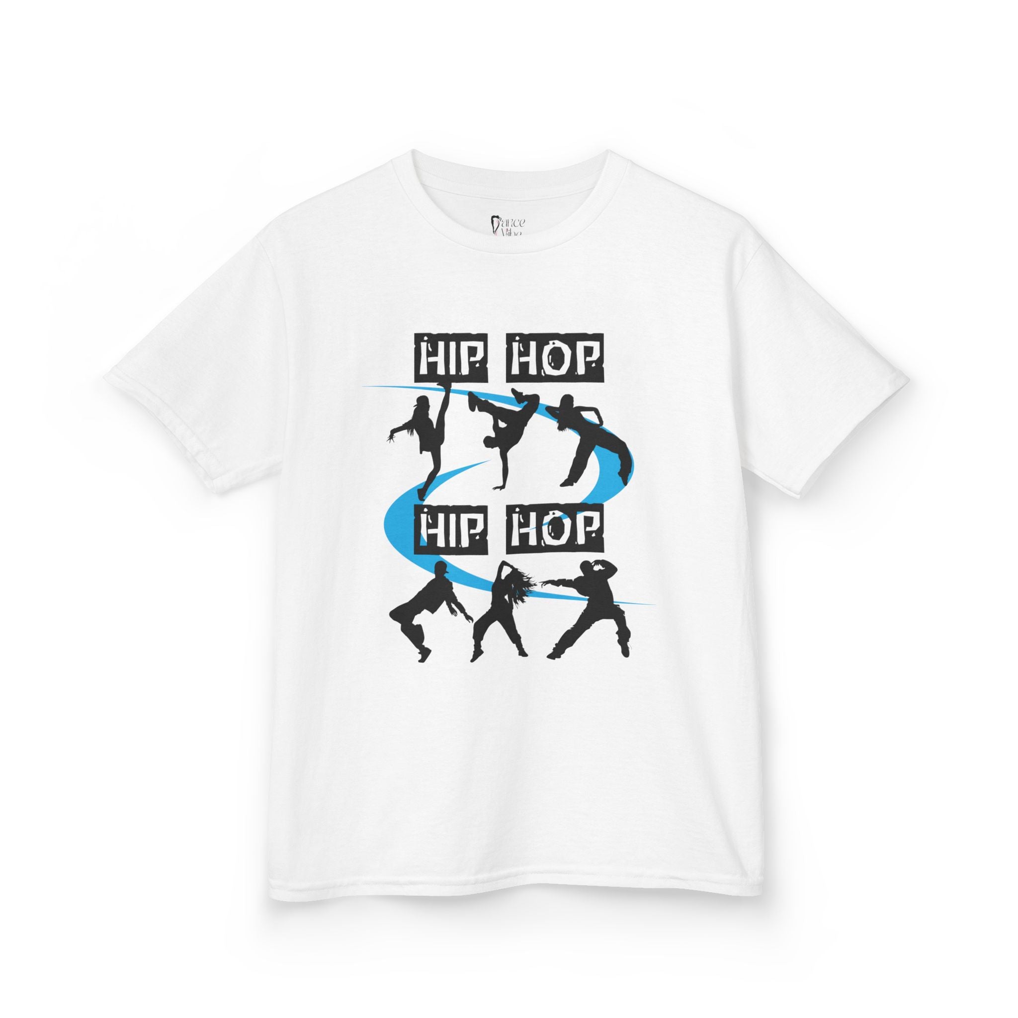 Front view of a youth Gildan 5000B heavy cotton t-shirt in white with a Hip Hop text and dancers