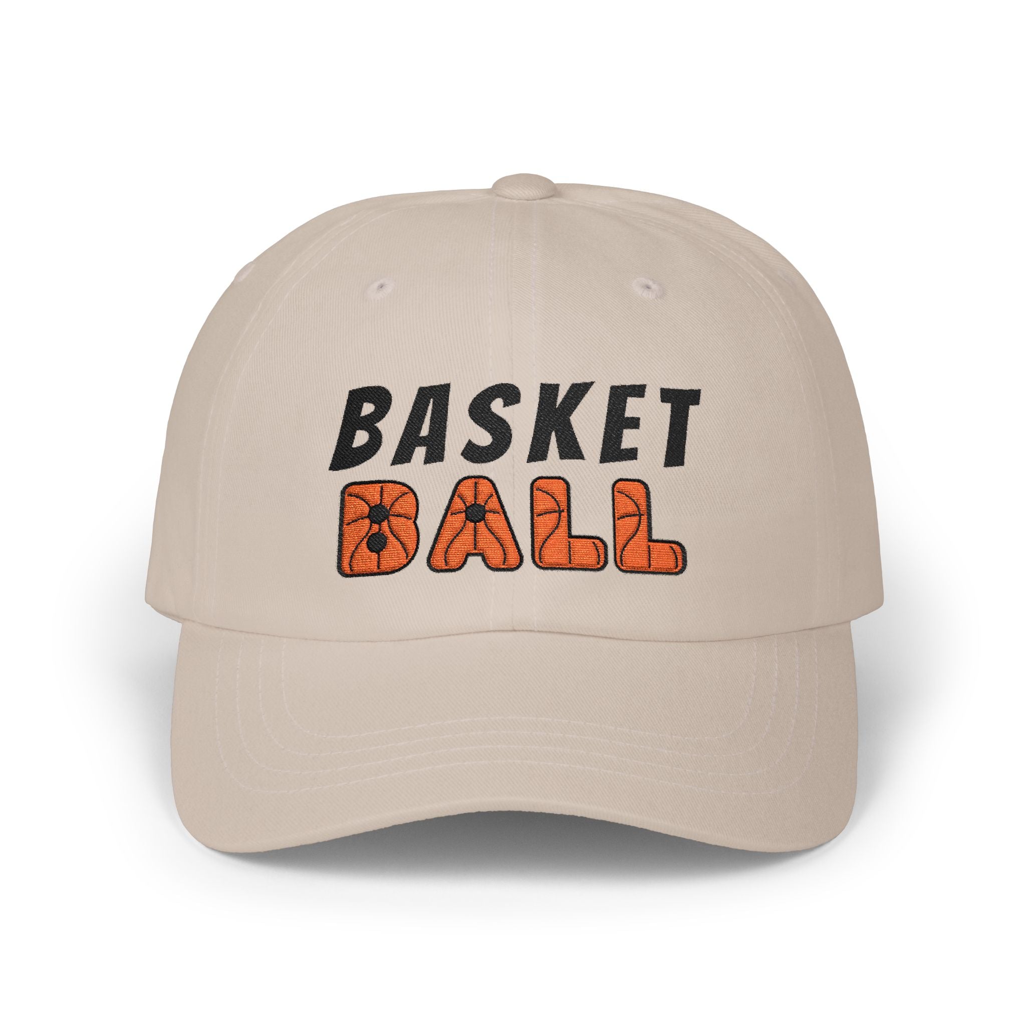 Stone embroidered classic dad cap hat with Basketball text and graphic Front view