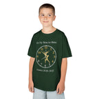 Young boy wearing a youth Gildan 5000B heavy cotton t-shirt in forest green with a Ballet Couple 2026-2027 design