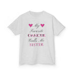 A sport grey short-sleeve t-shirt with a graphic text print on the front reading My Favorite Dancer Calls Me Sister.