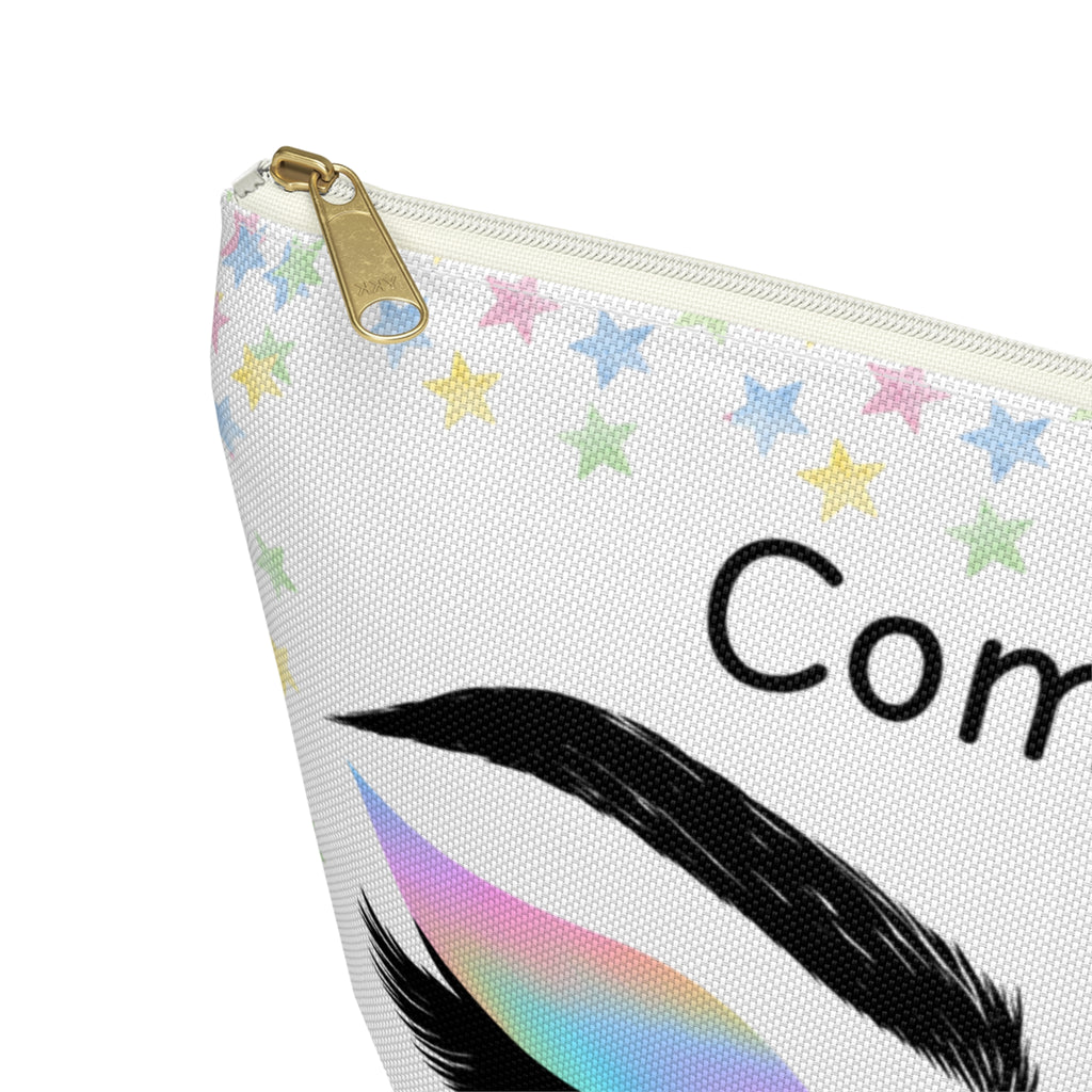 Make up bag with colorful stars on a white background close up of white zipper